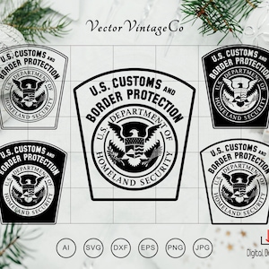 May include: A digital graphic set featuring five variations of the U.S. Customs and Border Protection emblem. Each shield-shaped design displays the text U.S. Customs and Border Protection and Department of Homeland Security with a central eagle.