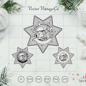 Op de afbeelding: Zwart-wit vectorafbeelding van California Highway Patrol-badges in verschillende maten. De badges hebben een stervorm met gedetailleerde tekst en afbeeldingen, waaronder de woorden "California Highway Patrol" en "Eureka". De afbeelding bevat pictogrammen voor bestandstypen.