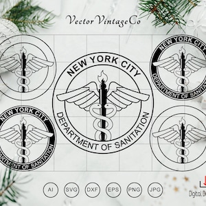 May include: Black and white vector graphics of the New York City Department of Sanitation logo. The design features a staff with wings and a snake, surrounded by text. Includes file formats AI, SVG, DXF, EPS, PNG, and JPG.