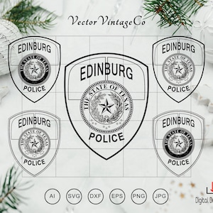 May include: A digital graphic featuring five black and white shield-shaped Edinburg Police badges. Each badge displays the text Edinburg Police and the State of Texas seal with a central star. The image includes the text Vector VintageCo and Digital Download.