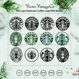May include: A selection of Starbucks coffee logo designs in black and green. The logos display the Starbucks siren and the words "Starbucks Coffee". The image includes file type icons: AI, SVG, DXF, EPS, PNG, and JPG. The text "Vector Vintage Co" and "The Logo Starbucks Coffee Logo SVG Bundle" are also present.