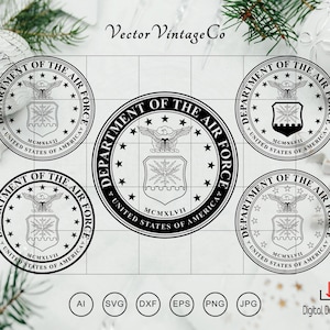 May include: A digital graphic file set featuring five black and white circular Department of the Air Force seals. Each seal displays an eagle, a shield, stars, and the text MCMXLVII. The image includes the text VectorVintageCo and Digital Download.