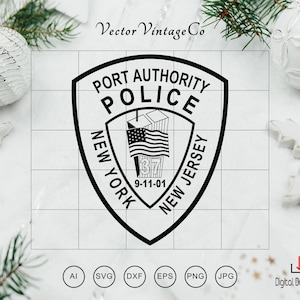 May include: Black and white Port Authority Police badge design. The badge features the text "PORT AUTHORITY POLICE" and "NEW YORK NEW JERSEY". The design includes an American flag and the date "9-11-01".