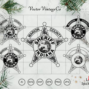 May include: A digital graphic set featuring five variations of a Marion County Indiana Sheriff star badge design. The black and white line art includes circular emblems with central landscape illustrations, text, and file format labels AI, SVG, DXF, EPS, PNG, JPG.