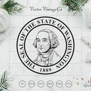 May include: Black and white graphic of the Seal of the State of Washington, featuring a portrait of George Washington within a circular design. The text "THE SEAL OF THE STATE OF WASHINGTON" and the year "1889" are included. The image is surrounded by decorative elements.