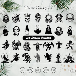May include: A digital collection of 28 black and white graphic designs featuring horror and Halloween themes, including skulls, monsters, ghosts, witches, and a haunted house. The text 28 Design Bundles is centered, with file formats AI, SVG, DXF, EPS, and PNG listed.