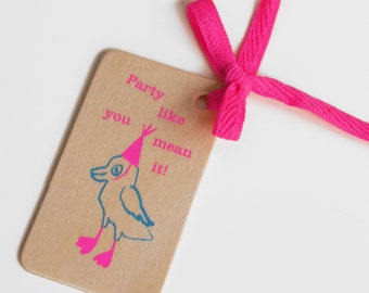 Wooden Neon Gift Tag. Party bird in neon pink and blue.