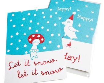 Let it snow and Happy Holiday Christmas cards. Set of 6, 2 motives.