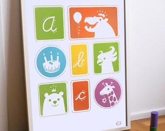 Childrens colourful illustrated ABC poster, 50x70 cm.