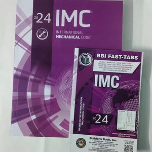 May include: Two books titled "2024 IMC International Mechanical Code" and "BBI FAST-TABS" are displayed. The larger book is purple with white text and a globe graphic. The smaller book is also purple with white text. Both books are for the International Mechanical Code.