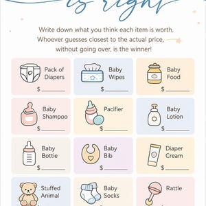 May include: A baby shower game card titled "The Price is Right" with illustrations of baby items like diapers, wipes, food, and a rattle. The card includes fill-in-the-blank spaces for prices.