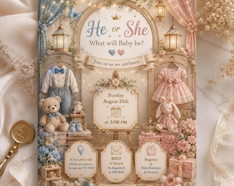 Gender Reveal Invitation Template, Vintage He or She Bear Theme Invite, Boy or Girl Baby Reveal Party Invitation, Editable Canva Template