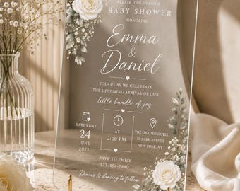 Modelo de convite para chá de bebê em acrílico editável | Estilo floral transparente (Download digital)