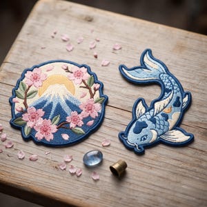 May include: Two embroidered patches featuring a circular design of Mount Fuji with a yellow sun and pink cherry blossoms, and a blue koi fish. A small blue glass bead and a metallic thimble are placed near the patches on a wooden surface.