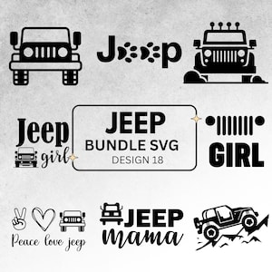 Może przedstawiać: Kolekcja czarnych wzorów SVG z motywem Jeep. Zawiera sylwetki Jeepów, słowo "Jeep" z odciskami łap oraz frazy takie jak "Jeep Girl" i "Jeep Mama". Zawiera również tekst "Jeep Bundle SVG Design 18".