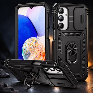 Puede incluir: Funda de teléfono negra con soporte de anillo y cubierta de cámara integrados. La funda tiene un diseño resistente con un acabado texturizado. La pantalla del teléfono muestra una imagen abstracta colorida. La funda está diseñada para proteger el teléfono.
