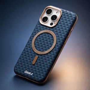 Könnte beinhalten: Eine dunkelblaue Smartphone-Hülle mit wiederkehrendem geometrischem Muster, ausgestattet mit einem metallischen roségoldenen Kamerarahmen, einem kreisförmigen magnetischen Ladering und einem kleinen vertikalen Akzentstreifen. Der Markenname E-SEBLE ist unten weiß aufgedruckt.