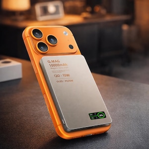 May include: Orange smartphone case with a magnetic battery pack attached. The battery pack is silver and has the text "Q.MAG 10000mAh Magnetic Battery Pack". The phone case has a triple-lens camera.