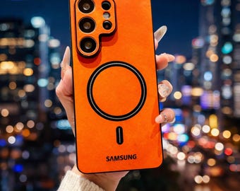 Funda Magsafe de piel de cordero premium a prueba de golpes para Samsung S25, S24, S26 Ultra, S22, S23 Plus y S21 FE con protector de cámara de piel de oveja - Suave