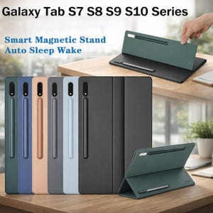 May include: A range of tablet cases in colours such as green, blue, and black. These cases are designed for the Galaxy Tab S7, S8, S9, and S10 series. The image also shows a tablet with a case in use, highlighting the smart magnetic stand and auto sleep wake features.