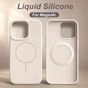 Op de afbeelding: Twee off-white vloeibare siliconen telefoonhoesjes met een MagSafe-ontwerp. De hoesjes hebben een camera-uitsparing en een cirkelvormige magnetische oplaadzone. De tekst "Liquid Silicone" en "For Magsafe" staat bovenaan.