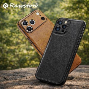 May include: Two leather phone cases, one brown and one black, are displayed. The brown case is in the background, and the black case is in the foreground. The cases have a textured appearance and a camera lens cutout. The brand name "Rawston" is visible in the upper left corner.