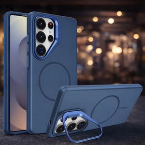 May include: Navy blue phone cases with a ring holder. The cases have a circular design on the back and a blue ring holder. The phone cases have a camera cutout with multiple lenses. The cases are shown in different positions.