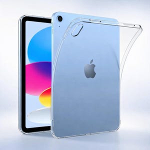 May include: A clear, transparent protective case for an Apple iPad. The case is made of a flexible material and is designed to fit snugly around the device. The iPad has a light blue back and a colorful screen display.
