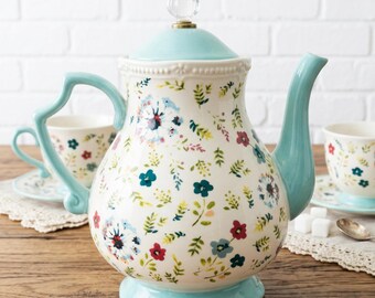 Vintage The Pioneer Woman Floral and Light Blue Cottagecore Teapot, Country Charm Flower Vase, Vibrant Floral Sky-Blue Tea Party Prop