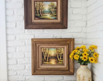 Vintage Pair of Landscape Oil Paintings 16x18, Set of Serene Nature Original Painting Art, Two Framed River and Forest Wall Art, Wall Decor
