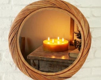 Runder Vintage-Wandspiegel aus Rattan – Boho-Spiegel aus gedrehtem Korbgeflecht, Wanddeko im Küstenstil aus Schilfrohr, Mid-Century-Modern-Akzentspiegel aus gewebtem Schilfrohr