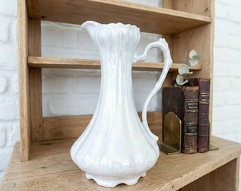 Vintage Iridescent Lusterware Glaze Pitcher Vase, White Luminous Decorative Vase, Wedding Centerpiece, Shimmer Decor for Table