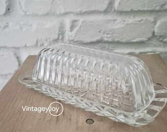 Vintage Clear Crystal Covered Butter Dish, Glass Starburst Patterned Butter Dish, Mid Century Covered Butter Holder, Ornate Breakfast Decor