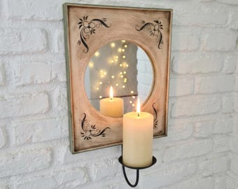 Vintage houten wandspiegel jaren 1970 met kaarskandelaar, rustieke boerderijspiegel, handgeschilderde volkskunst wanddecoratie, Cottagecore Home Accent