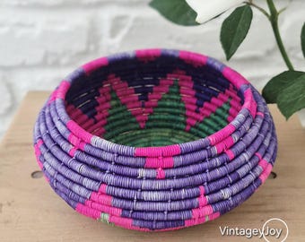 Vintage Multicolored Handwoven Coiled Basket, Vibrant Purple, Pink and Green Geometric Storage, Boho Tabletop Bowl, Handcrafted Decor Basket