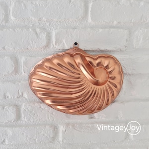 May include: A copper-colored, nautilus-shaped mold hanging on a white brick wall. The mold has a spiral design and a loop for hanging. The image is from VintageyJoy.