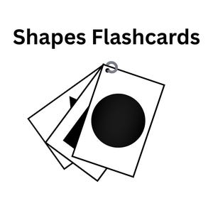 May include: Shapes Flashcards with a black circle, triangle, and other shapes on white cards. The cards are held together with a metal ring. The text "Shapes Flashcards" is at the top.