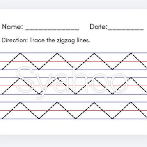 Puede incluir: Hoja de trabajo blanca con el texto "Nombre:" y "Fecha:" en la parte superior. Debajo, se imprime el texto "Dirección: Traza las líneas en zigzag". Se muestran tres filas de líneas en zigzag, con líneas punteadas para trazar.