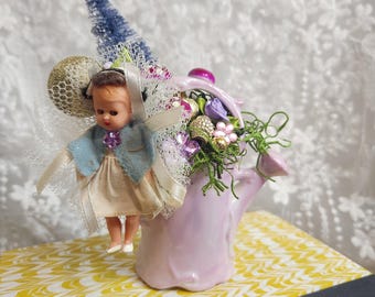 Whimsical Nurse Corsage Assemblage in Purple Souvenir Watering Can, OOAK Cottagecore Decor, Unique Nurse Retirement or Graduation Gift