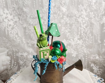 Whimsical Frog Watering Can Assemblage Sculpture | Cottagecore Garden Art Decor | Miniature Frog Figure Gift for Gardeners & Collectors