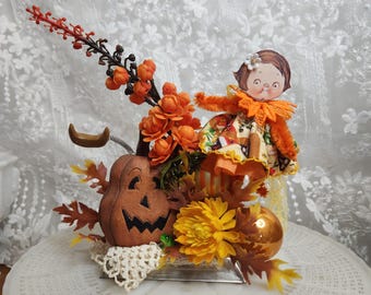 Whimsical Dolly Dingle Autumn Assemblage, Vintage Paper Doll Fall Decor, Tart Tin Keepsake Display, Cottagecore Harvest Diorama