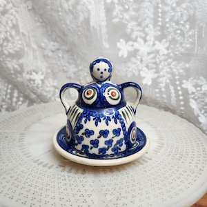Figura vintage de cerámica polaca Ceramika Wiza quesera / Mantequera de cerámica Boleslawiec / Utensilios de cocina de arte popular polaco