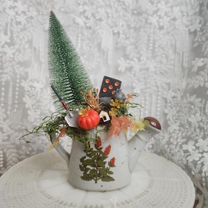 Vintage Watering Can Assemblage, Cat Pumpkin Patch Decor, Shabby Chic Ornament