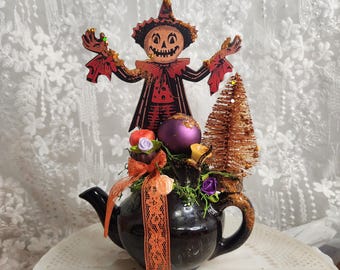 Conjunto de calabazas para Halloween, decoración de tetera otoñal caprichosa, recuerdo otoñal único, viñeta de bandeja escalonada, centro de mesa de octubre de estilo shabby chic