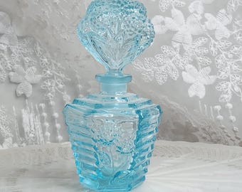 Vintage Aqua Glass Perfume Bottle with Dauber, Mid Century Pressed Glass Vanity Decor ,  I.W. Rice Co Light Blue Vanity Bottle
