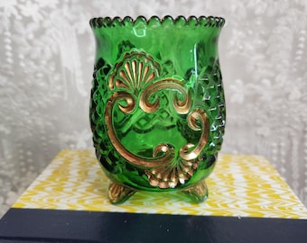 Vetro pressato Croesus Spooner Riverside Glass Works color verde smeraldo - Vetro americano antico EAPG - Vetro antico vittoriano dorato