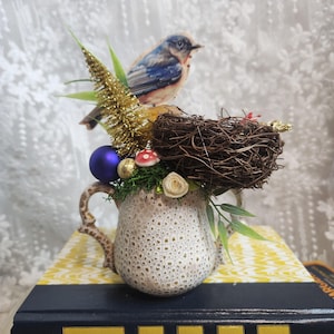 Ensamblaje de pájaros azules en técnica mixta - Decoración de pájaros estilo shabby chic - Regalo de arte campestre inspirado en la naturaleza