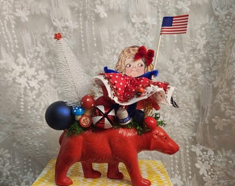 Patriotic Red Bear Dolly Dingle Assemblage - Americana Folk Art Decor - Red White and Blue Independence Day Ornament - Tiered Tray Decor