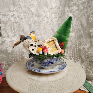 Vintage Cottagecore Garden Diorama: Blue Bird & Tea Cup Assemblage - Shabby Chic Gift for Her - Handcrafted Enchanted Woodland Art