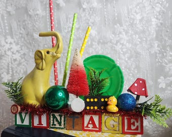 Whimsical Yellow Elephant Assemblage, Vintage Toy Elephant Mixed Media Art, Wooden Block Story Sculpture, Cute Creative Circus Decor
